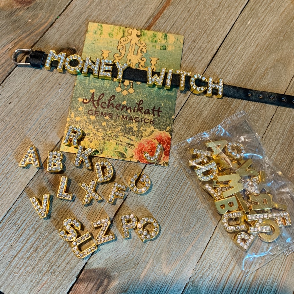 52pc Rhinestone Alphabet Bracelet Gold Tone Slide Charms 7 inches Customizable